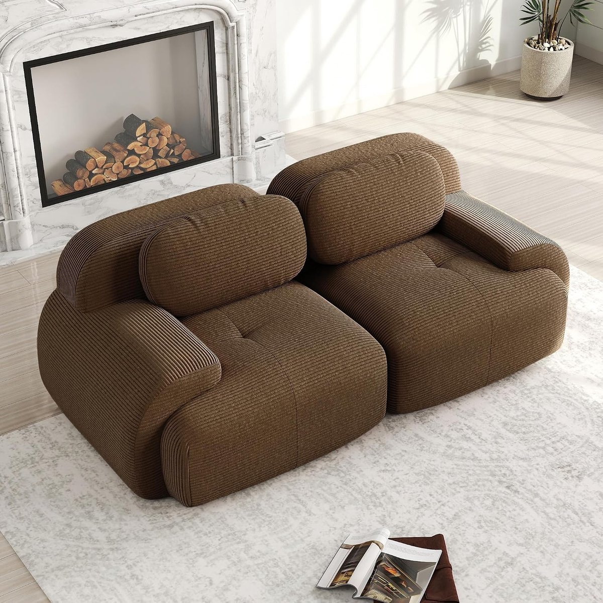 Modulaire loveseat Sofa van corduroy, moderne 2-zits bank met gebogen armleuningen, antislip onderkant, montage voor woonkamer, zeer elastisch zitkussen, bruin, 2-zits
