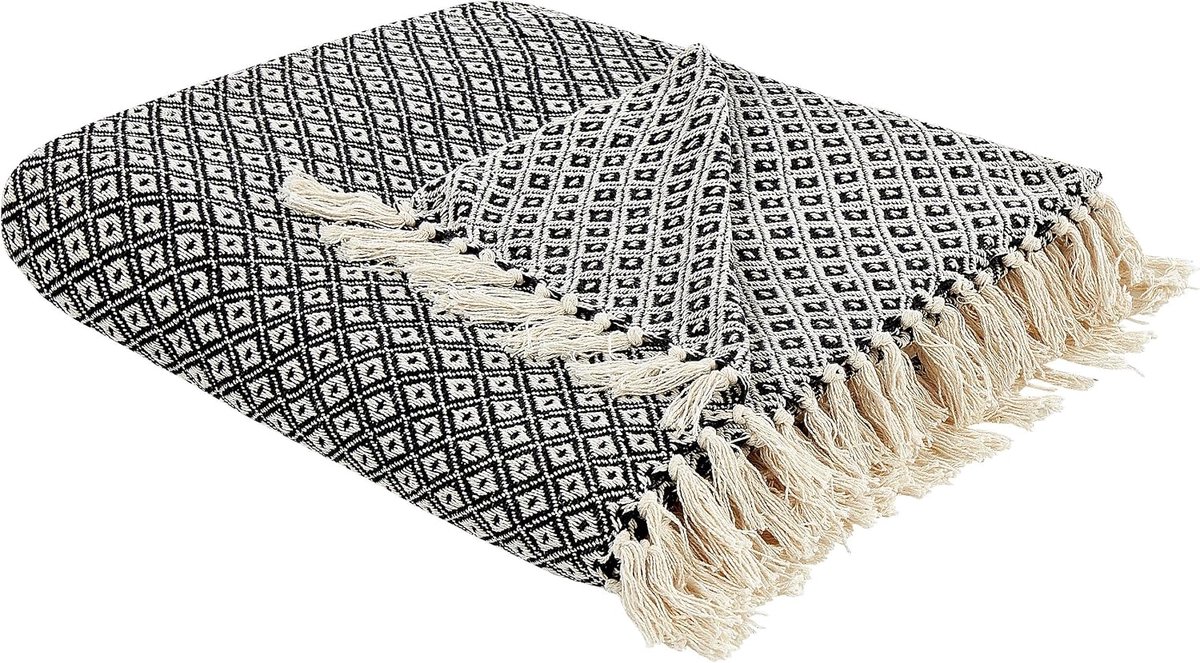 Patroon deken katoen handgeweven 200 x 220 cm franjes zwart wit Chyama