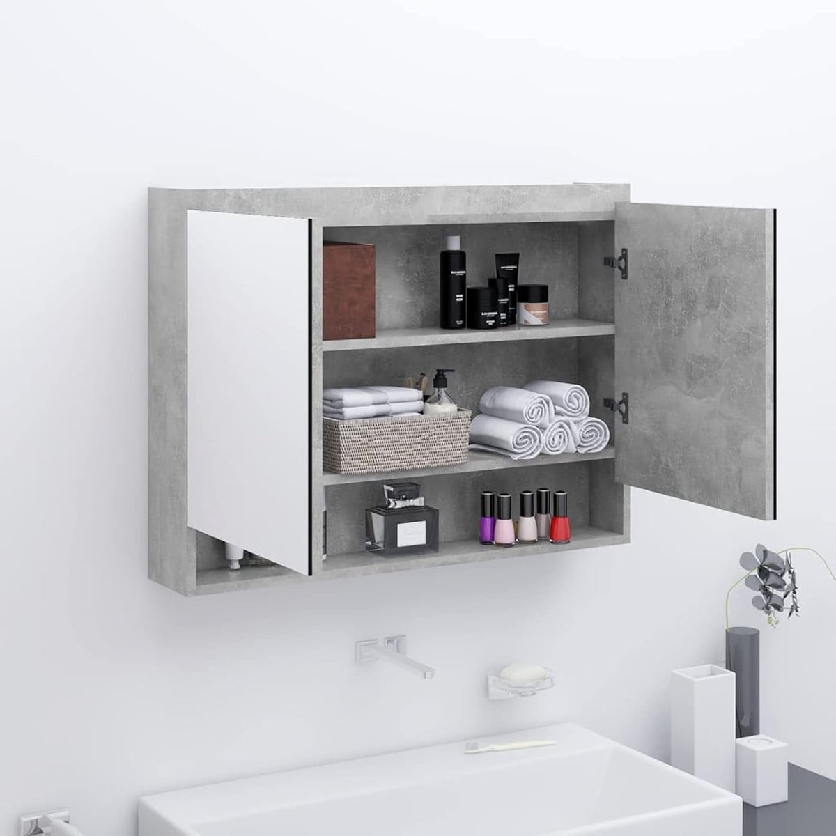 Kast wandkast hangkast badkamer kast met spiegel MDF beton grijs 80 x 15 x 60 cm