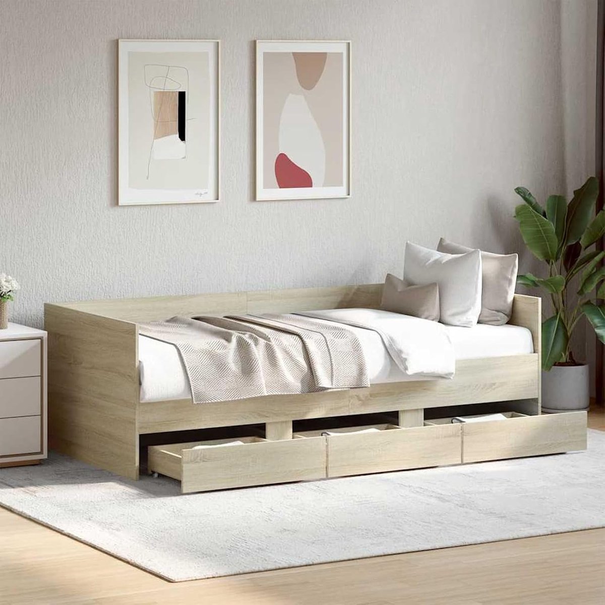 Dagbed met laden, multifunctionele slaapbank met 3 opbergladen en lattenbodem, 100 x 200 cm, Sonoma eiken, voor woonkamer, slaapkamer, logeerbed