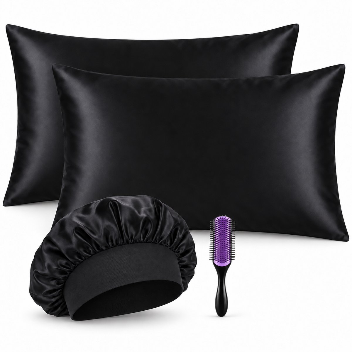Professor Q Haar- en Slaapset - Bonnet Zwart - Stylingborstel Purple Black - 2 Zwarte Kussenslopen 60 x 70 cm