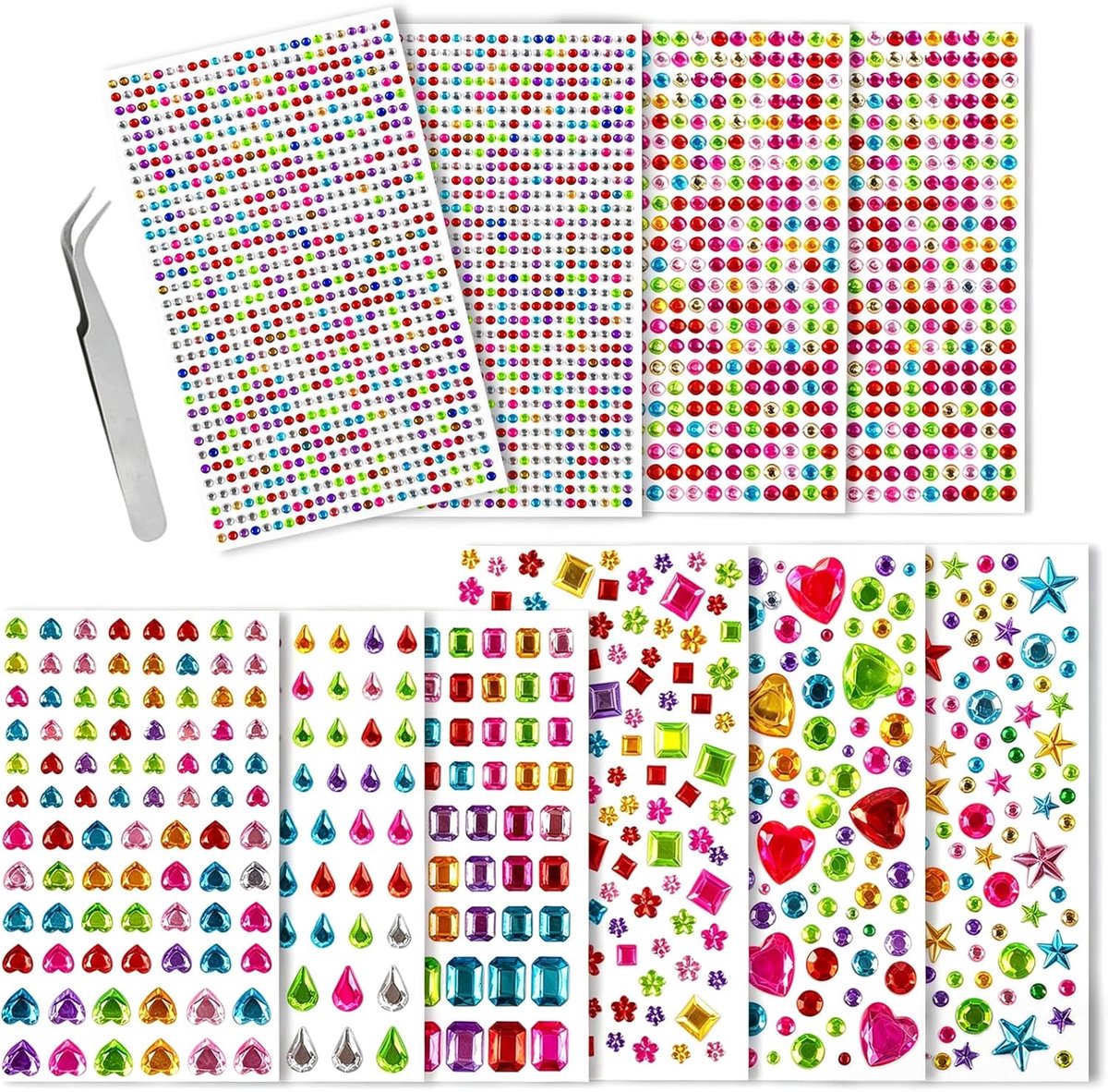 Zelfklevend, 3500 stuks, 10 vellen, strass-steentjes, zelfklevend, acryl, glitterstenen om te knutselen, verschillende vormen, glitterstickers met pincet voor doe-het-zelf