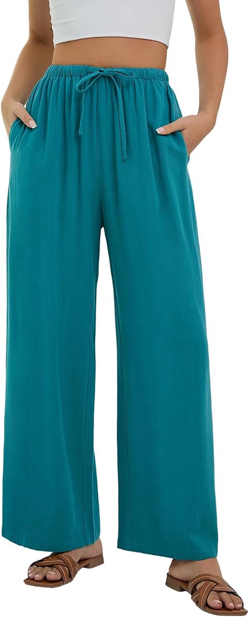 Broek voor dames Zomerse baggy broek met wijde pijpen Damesbroek met elastische taille Lichtgewicht broek voor dames met zakken Losse pasvorm