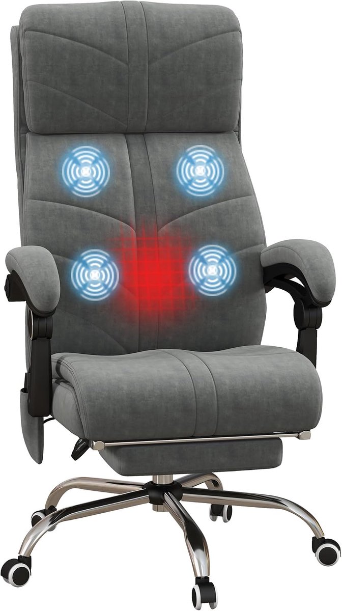 Bureaustoel met massage- en verwarmingsfunctie, verstelbare computerstoel met geïntegreerde voetensteun, fluwelen bekleding, 5 wielen, modern design, grijs