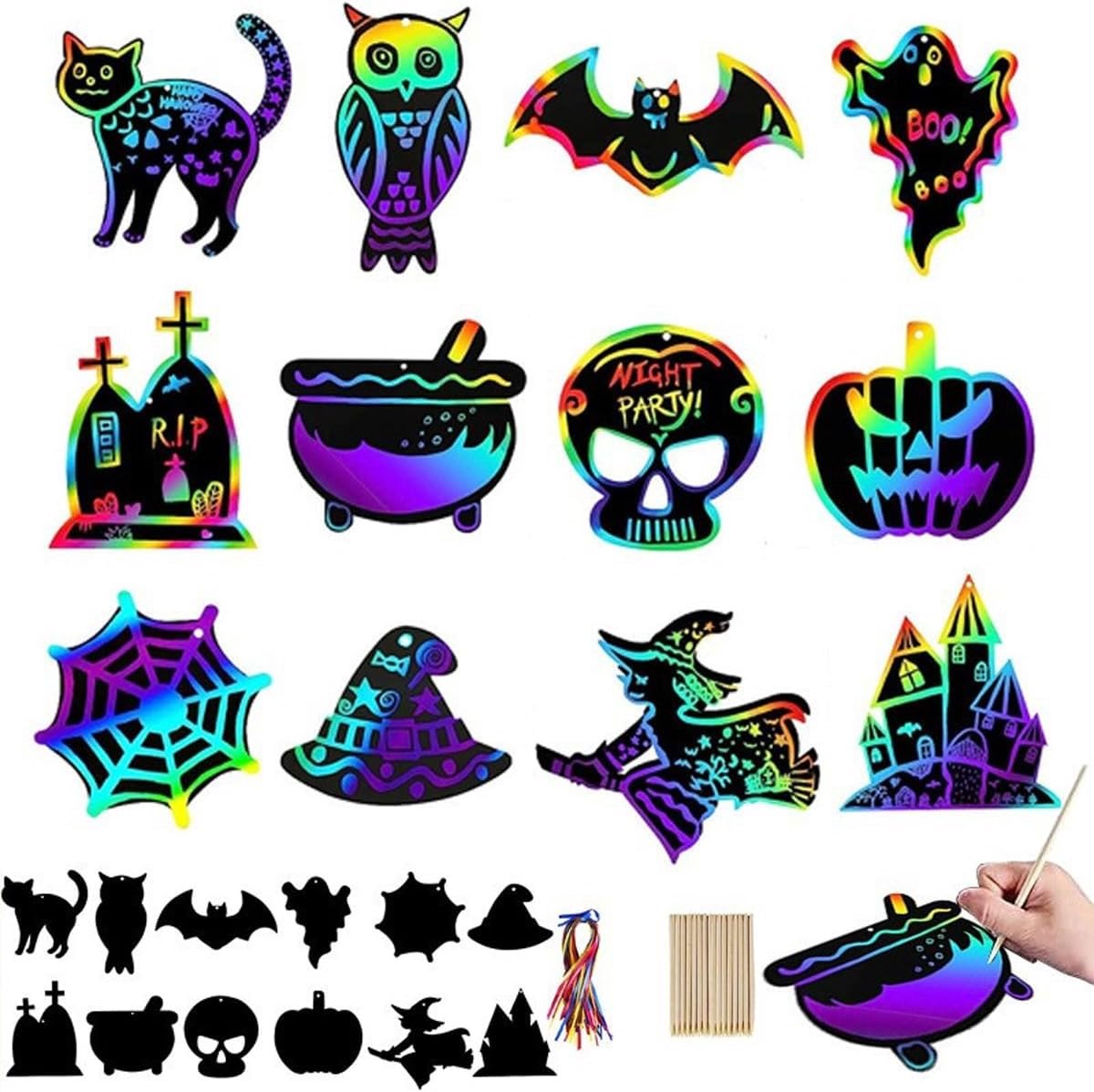 12 vellen Halloween kraskaart voor kinderen, kraskaart set met houten potlood en kleurlint, voor feestdecoraties, Halloween, kinderen, doe-het-zelf, handwerk