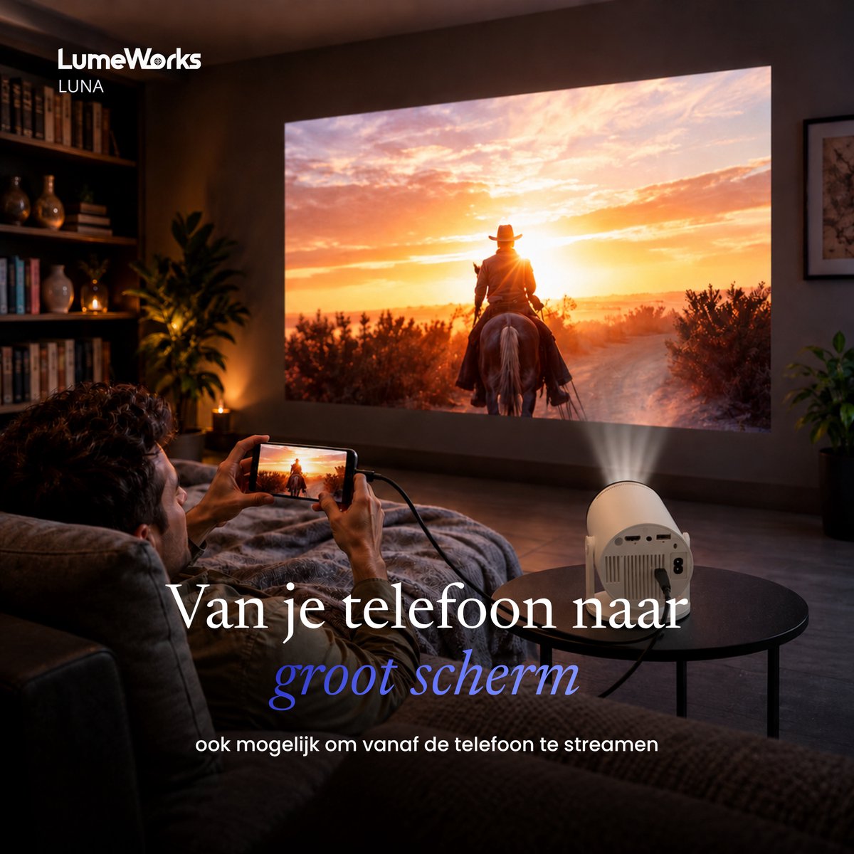 LumeWorks Luna Mini Beamer 2026 - 4K Support - Smart Projector met Android 14 - WiFi 6 & Bluetooth - Home Cinema - Draagbaar - Streamen vanaf Telefoon - Wit thumbnail 4
