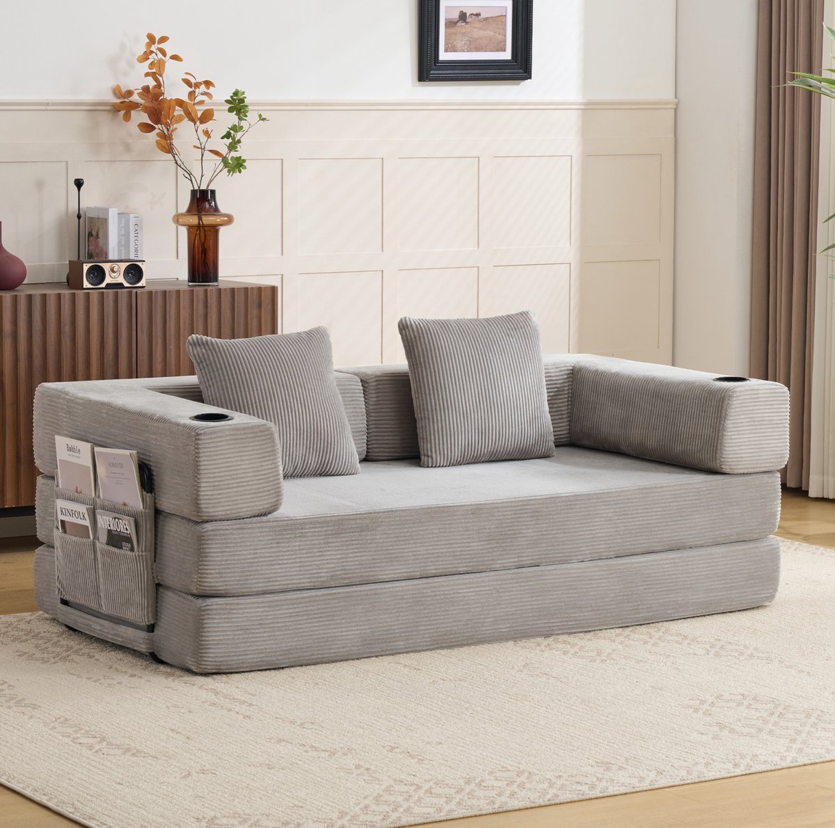 REDOM Slaapbank - Uitklapbaar ontwerp - Zijvakken en bekerhouders - Corduroy bekleding - Woonkamer en slaapkamer - Lichtgrijs - 185 x 92,5 x 60 cm