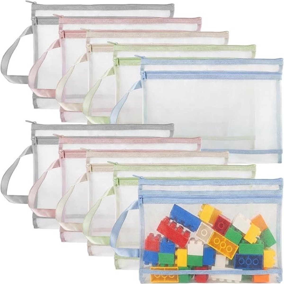 Livatto 10 stuks A4 dubbellaagse mesh ritszakken met handvat – kleurrijke transparante opbergzakken voor speelgoed, documenten en cosmetica