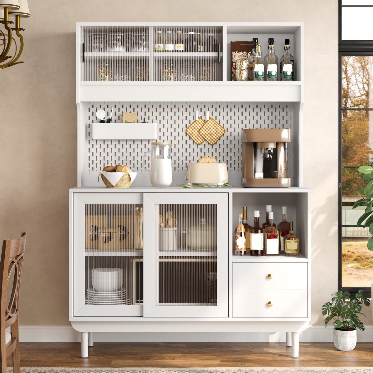 MODENUIT Keukenkast 117 x 30 x 170 cm - Ribbelglazen Schuifdeuren En Open Vakken - Keuken - MDF Wit