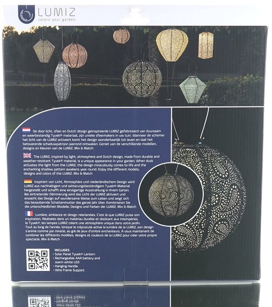 Illustratie van verschillende Lumiz lampionnen in een tuin.