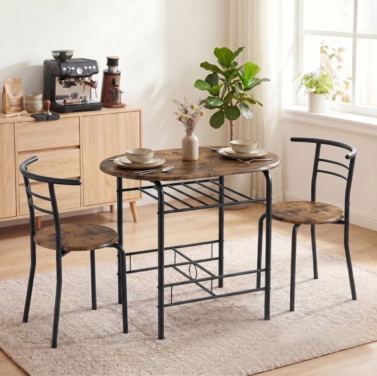 REDOM - Tafel en stoelen set - 3-delig voor 2 personen - Opbergplank onder tafel - Armloze stoelen - Industriële stijl - MDF en metaal - Rustiek bruin - 80 x 52 x 76 cm