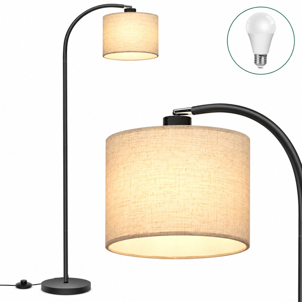 LOVHAUS Booglamp 170 cm – Linnen Lampenkap – Voetschakelaar – E26/E27 – Inclusief 3000K LED Lamp – Zwart
