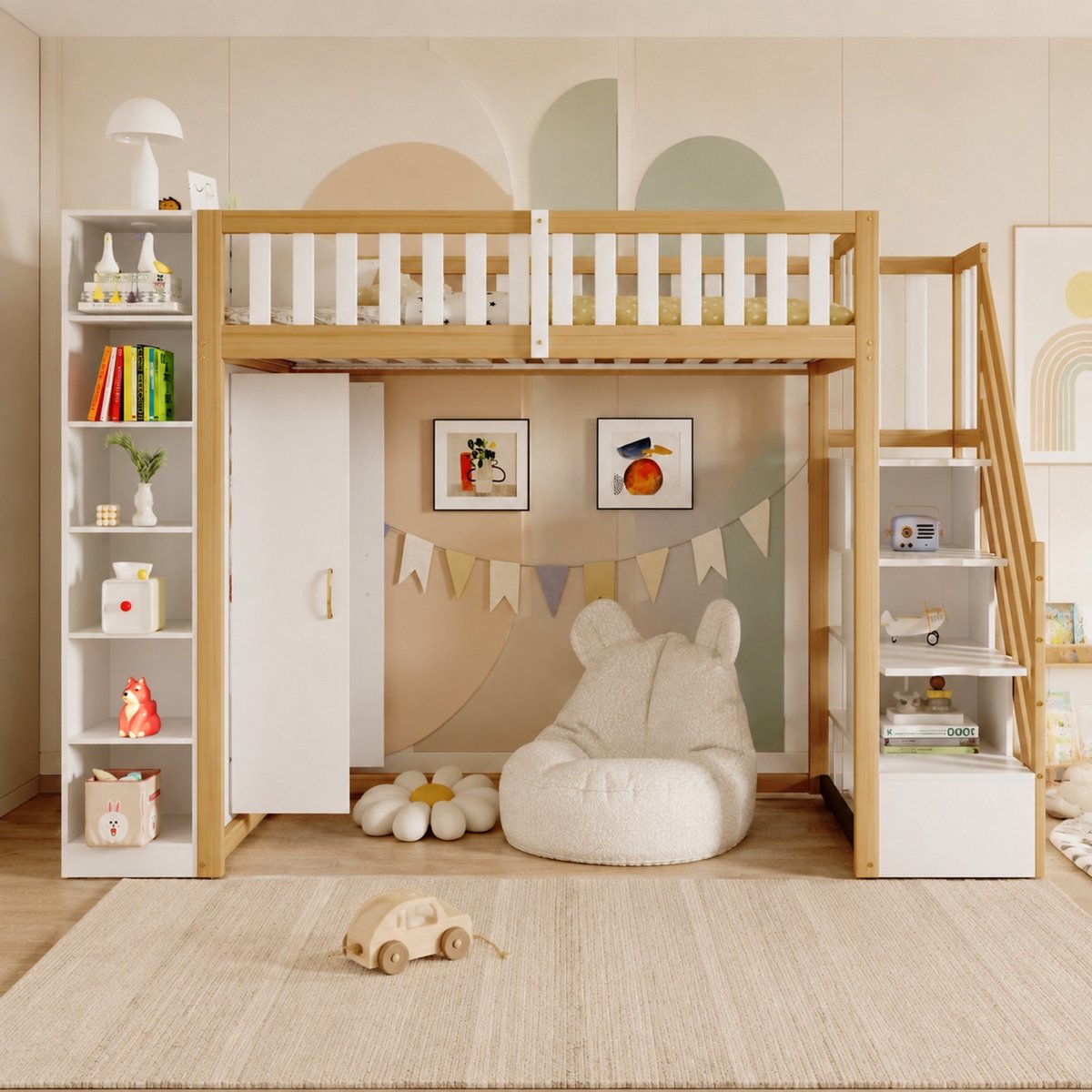 WUVRIE Hoogslaper 90x200 cm met kledingkast, traplades en open vakken, wit/naturel