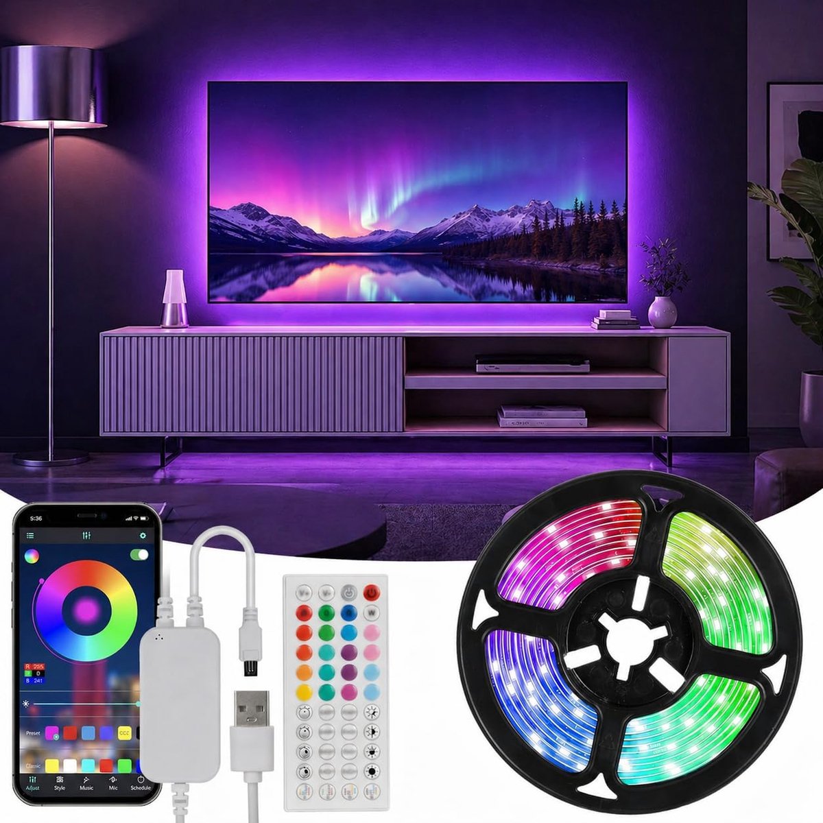 Ledstrip voor tv, 4 m, achtergrondverlichting voor tv, 40-65 inch, 5050 RGB, USB, met afstandsbediening, meerkleurig, via app