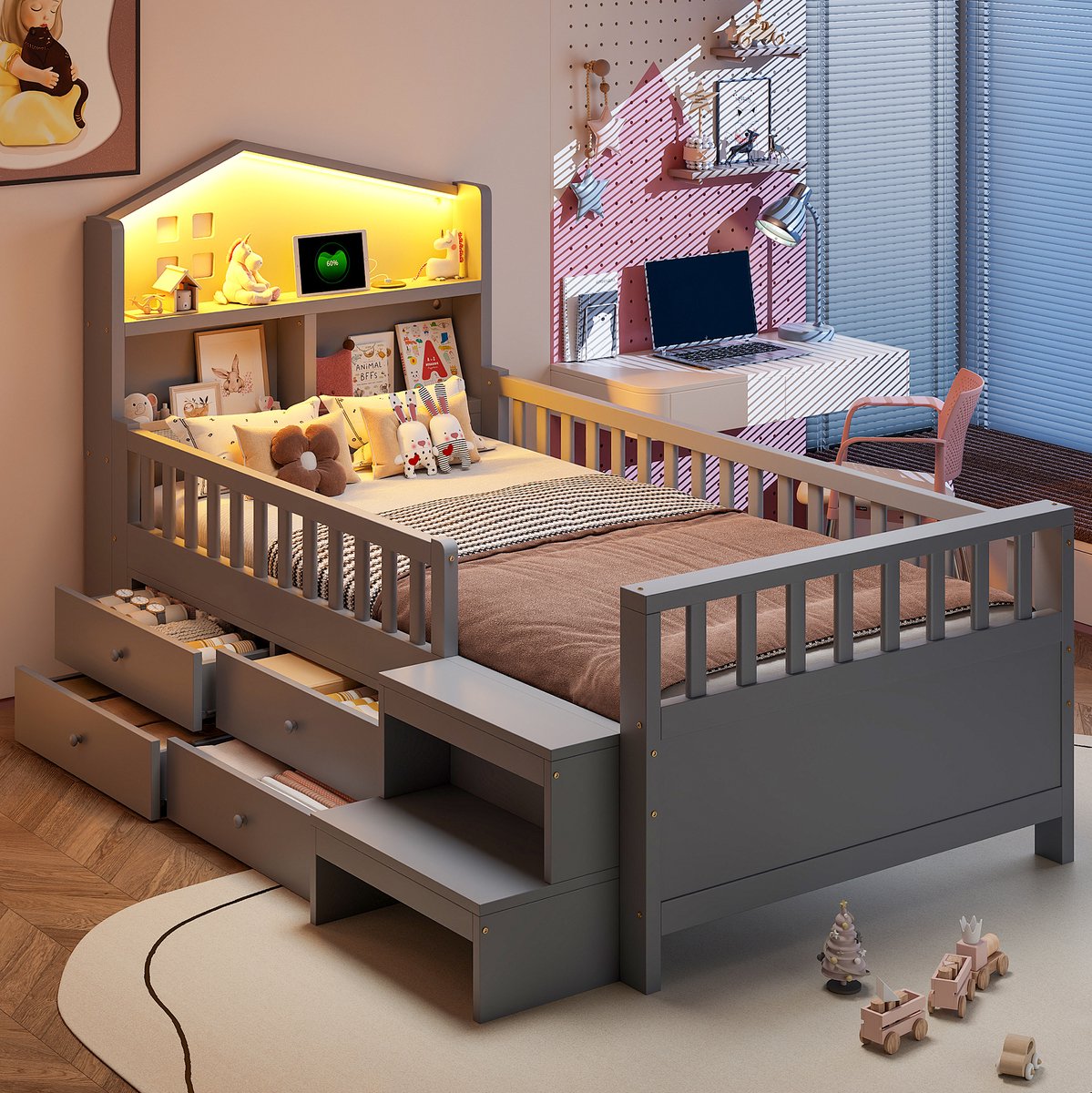 WUVRIE Kinderbed 90 x 200 cm met 4 lades, trap, veiligheidshek, LED en USB-C, grijs