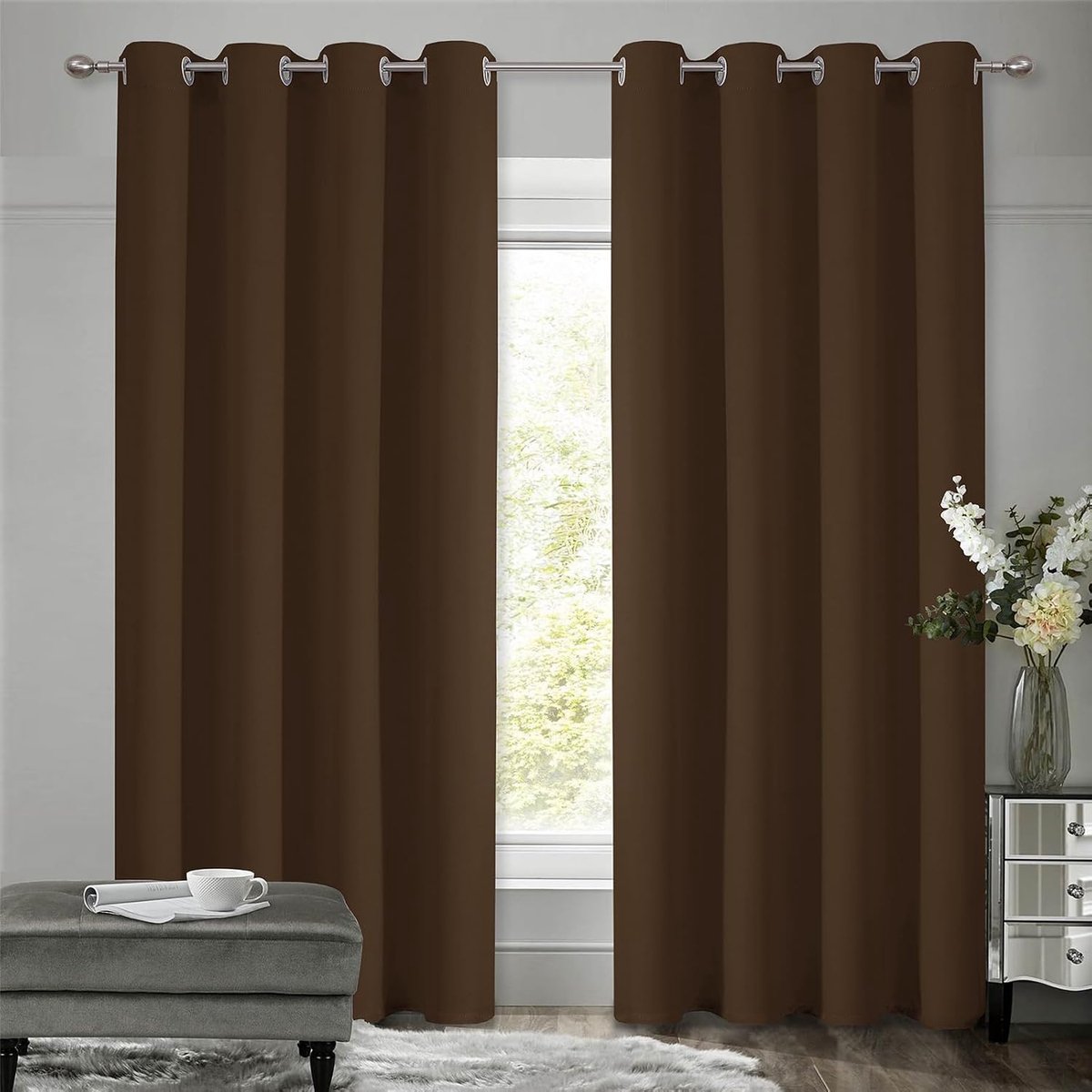 Verduisteringsgordijnen met ringen, gordijn, ondoorzichtig, thermogordijn, koudebescherming, gordijnen, slaapkamer, set van 2, H 175 x B 140 cm, bruin, gordijnen woonkamer