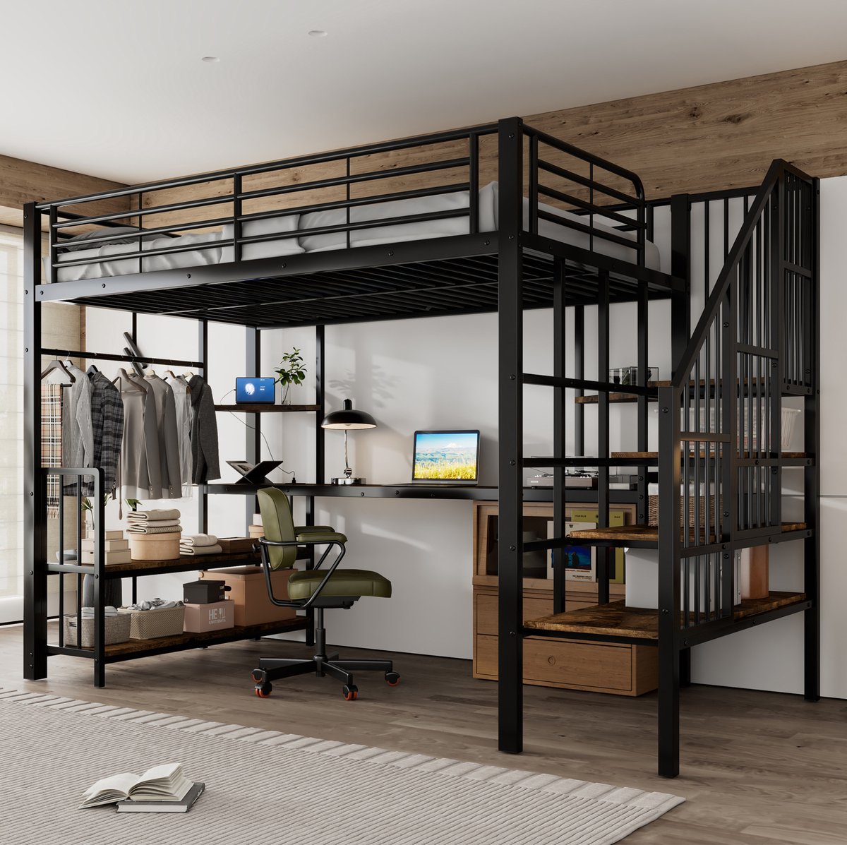 WUVRIE Hoogslaper 120x200 cm met bureau, trap met leuning, laadpunt en opbergruimte, zwart/donker walnoot