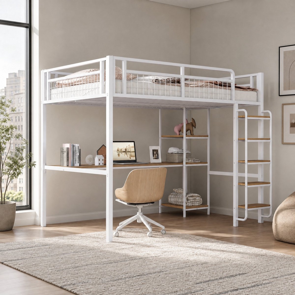 WUVRIE Metalen hoogslaper 140x200 cm met bureau, planken, veiligheidsladder en uitvalbeveiliging, wit