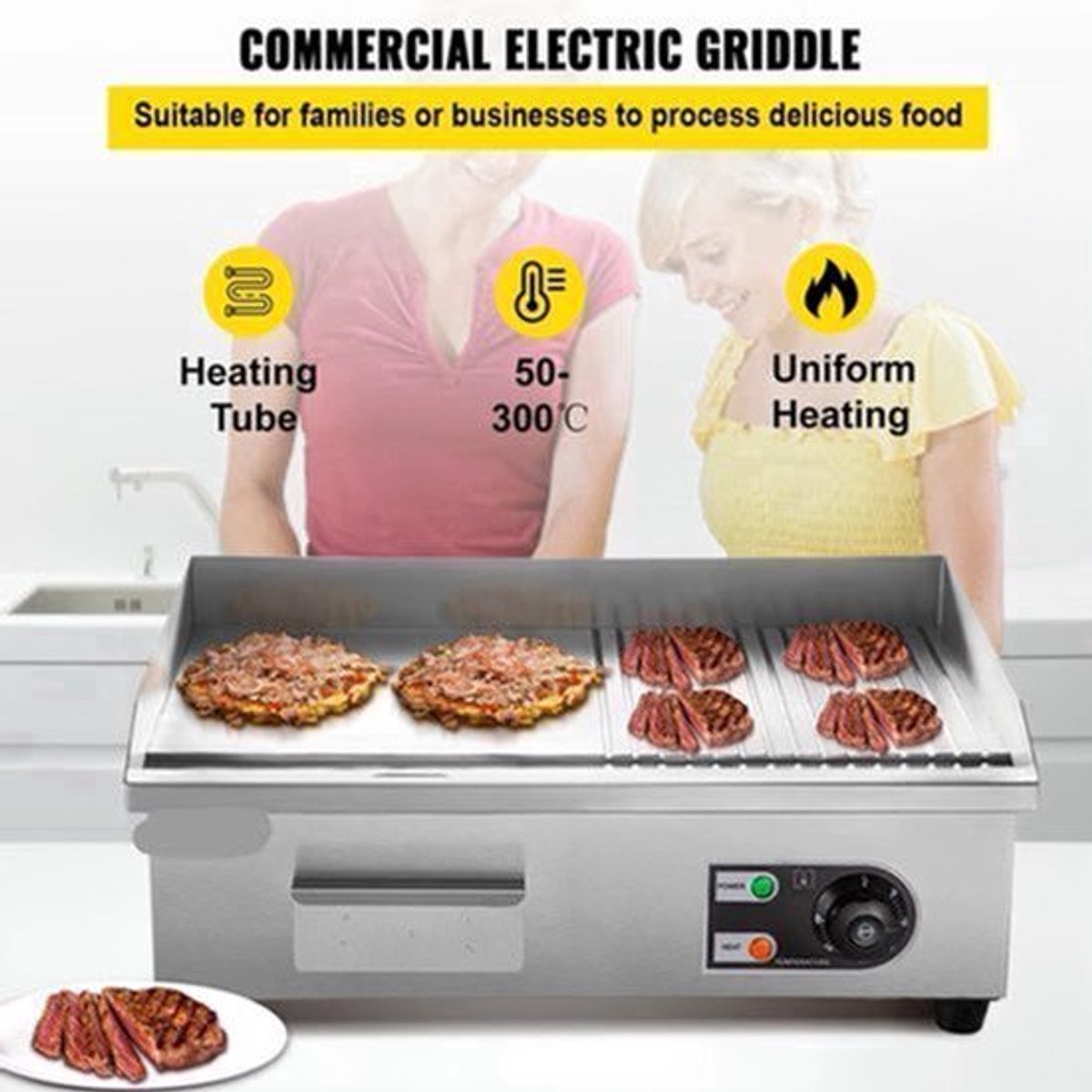 Elektrische Grillplaat - 2800W – Grillplaat - Teppanyaki Grill - Roestvrij Staal – 50-300°C Temperatuurregeling – 18 inch - Voor Horeca - en Thuisgebruik - Ruim Bakoppervlak