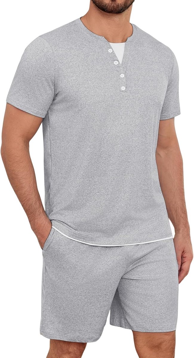 Zomerpyjama voor heren, zomer, kort, katoen, licht, 2 stuks, pyjama's met knopen, ronde hals, korte mouwen, T-shirt en shorts, effen kleur