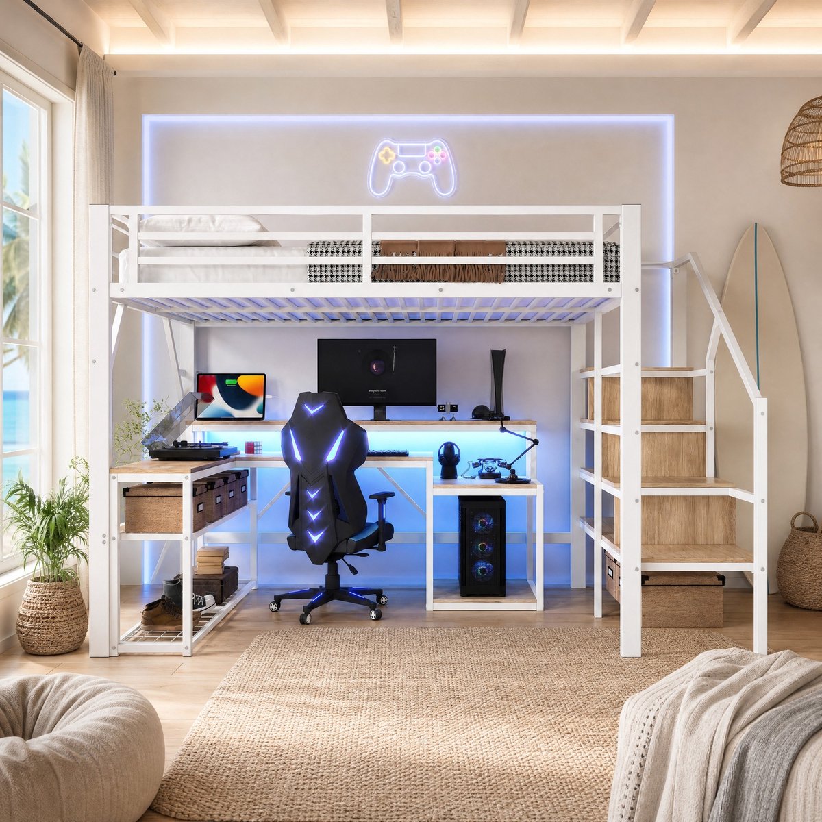 WUVRIE Hoogslaper 140x200 cm met bureau, trap met opbergruimte, LED en USB-aansluiting, wit