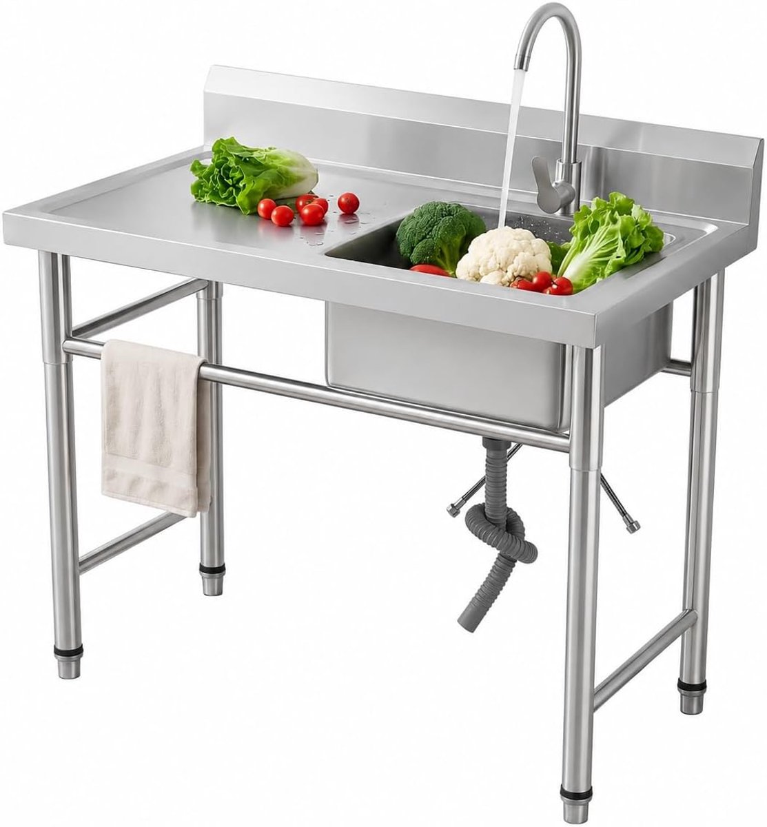 100 x 60 cm roestvrij stalen spoelbak, vrijstaande keukengootsteen commerciële spoelbak met werkblad en verstelbare poten, diepe spoelbak, 1 wastafel, garage, wastafel, gastronomische