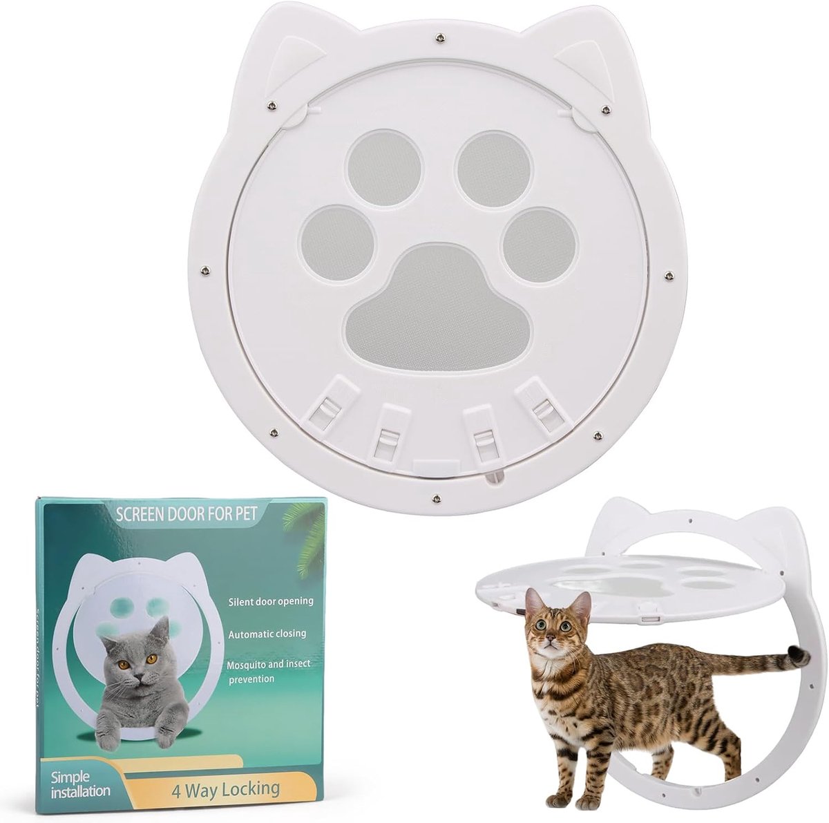 Kattenluik voor binnendeur, buitendeur, hondenklep voor vliegengaas, hondenklep voor deuren en ramen, met magneet en slot (wit)