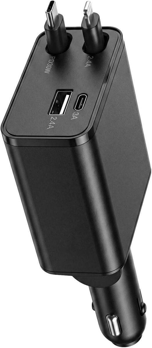 4-in-1 intrekbare autolader, sigarettenaansteker USB C 69 W met 2 intrekbare kabels, USB-A/USB-C-poorten, 12 V/24 V stekker voor iPhone, Android, tablet, auto