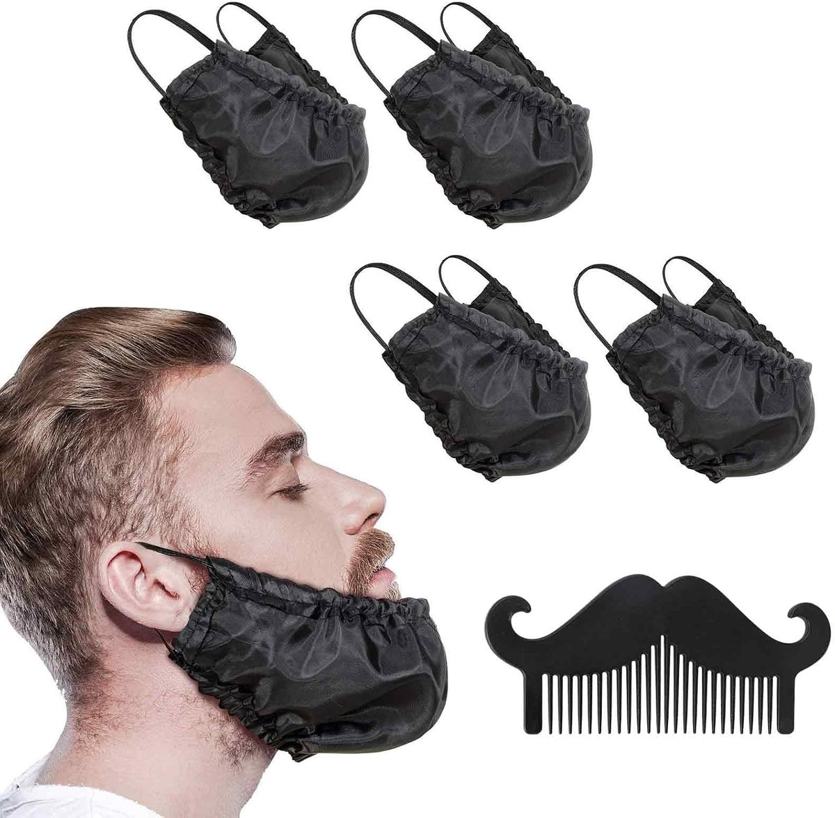 Set van 4 stuks baardnetjes voor zwarte baard met 1 modelleerkam, elastische en zachte baardafdekking voor nacht, keuken en werk, herbruikbaar en wasbaar