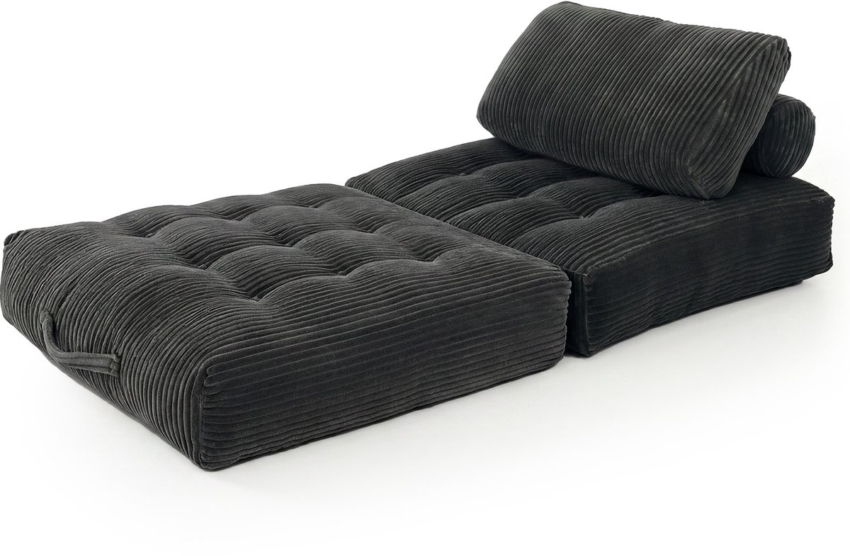 Gecomprimeerde eenpersoons vloersofa met steunkussen, beige, 96 x 96 x 40 cm, schuimvulling en ribstof bekleding