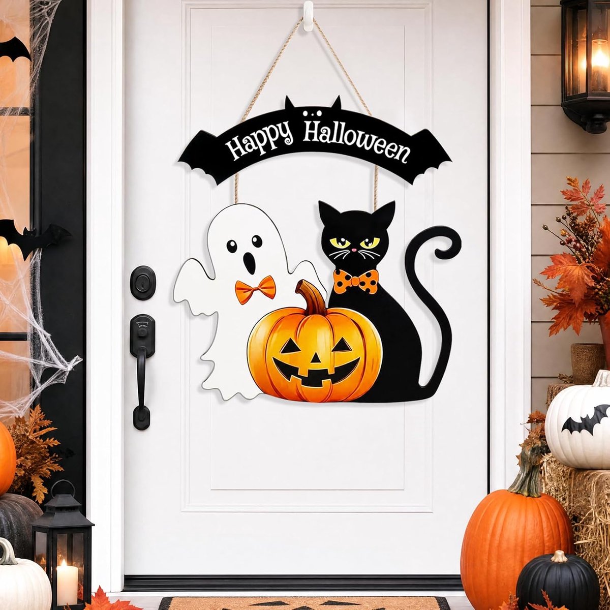 Decoratief deurbord, houten deurborden, Halloween deurdecoratie, huisdeur, decoratief wandbord van hout, pompoen, spook, kat voor binnen en buiten, huisdeur, wanddecoratie, feest