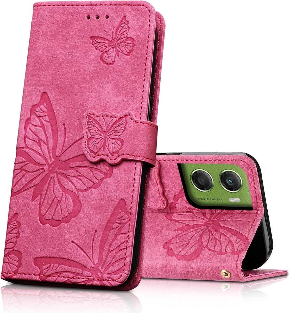 Telefoonhoes voor Motorola Moto G06, PU lederen flip cover met kaarthouders en kickstand, beschermhoes voor Motorola Moto G06, rozerood