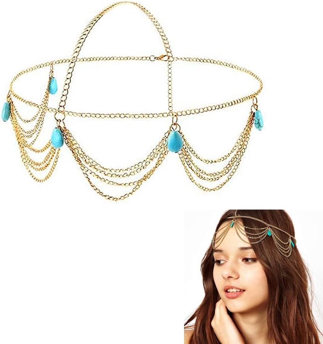 Hoofdketting Met Hanger, Gouden Hoofdketting Voor Dames, Gouden Hoofdkettingjuwelen, Voor Dames en Meisjes Haarbandaccessoires (Turquoise Waterdruppels)