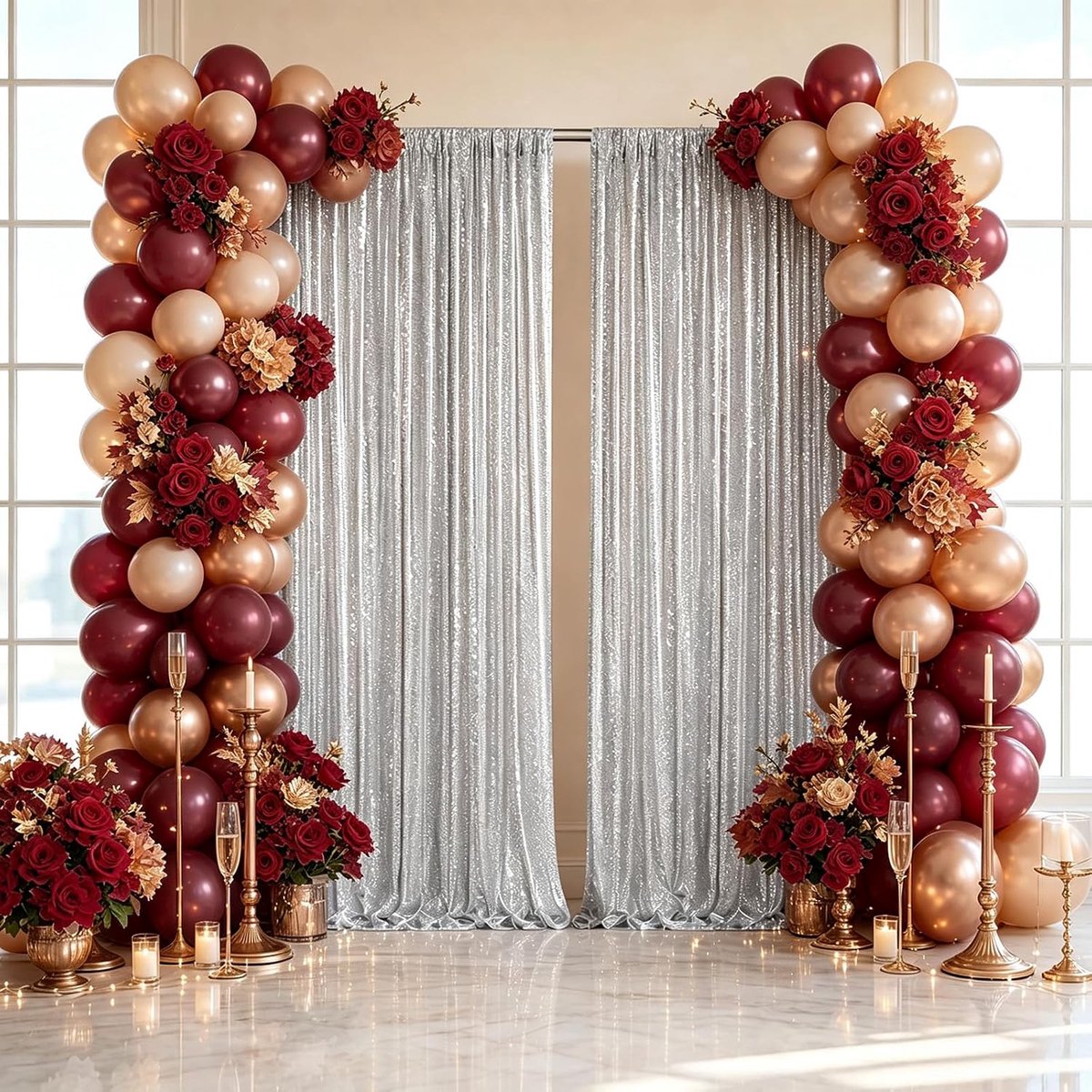 Gordijn-achtergrond met pailletten, 2 stuks, 60 x 240 cm, feestachtergrond, glittergordijn voor verjaardag, fotoachtergrond, babyshower, bruidsdouche, fotowand (zilver)
