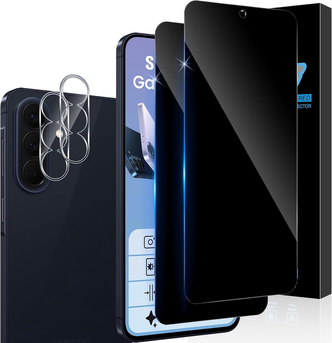 2 stuks anti-spionage-displaybescherming voor Samsung Galaxy A57 5G, privacymembraan van gehard glas, met 2 stuks cameralensbescherming, anti-spy bescherming, 9H hardheid anti-peeping film