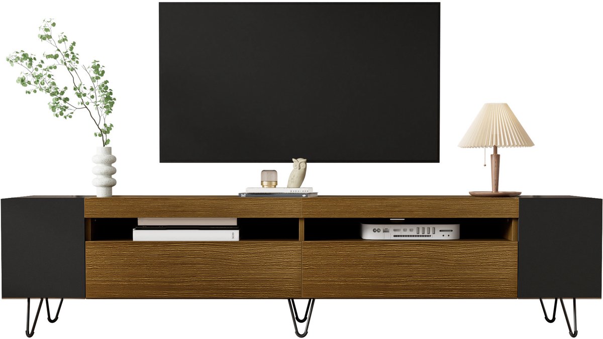 Zubaliya tv meubel in zwart-houtlook - Opbergkast met kabeldoorvoer - 180 cm breed - Zwart en hout - Open frontvakken en zijvakken - Geschikt voor 75 inch tv Zwart,Wood