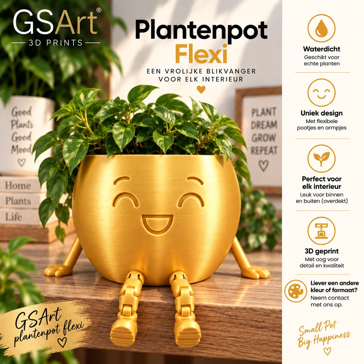 GSArt Plantenpot Flexi – Waterdichte 3D Geprinte Bloempot met Flexibele Benen - Zijde Goud