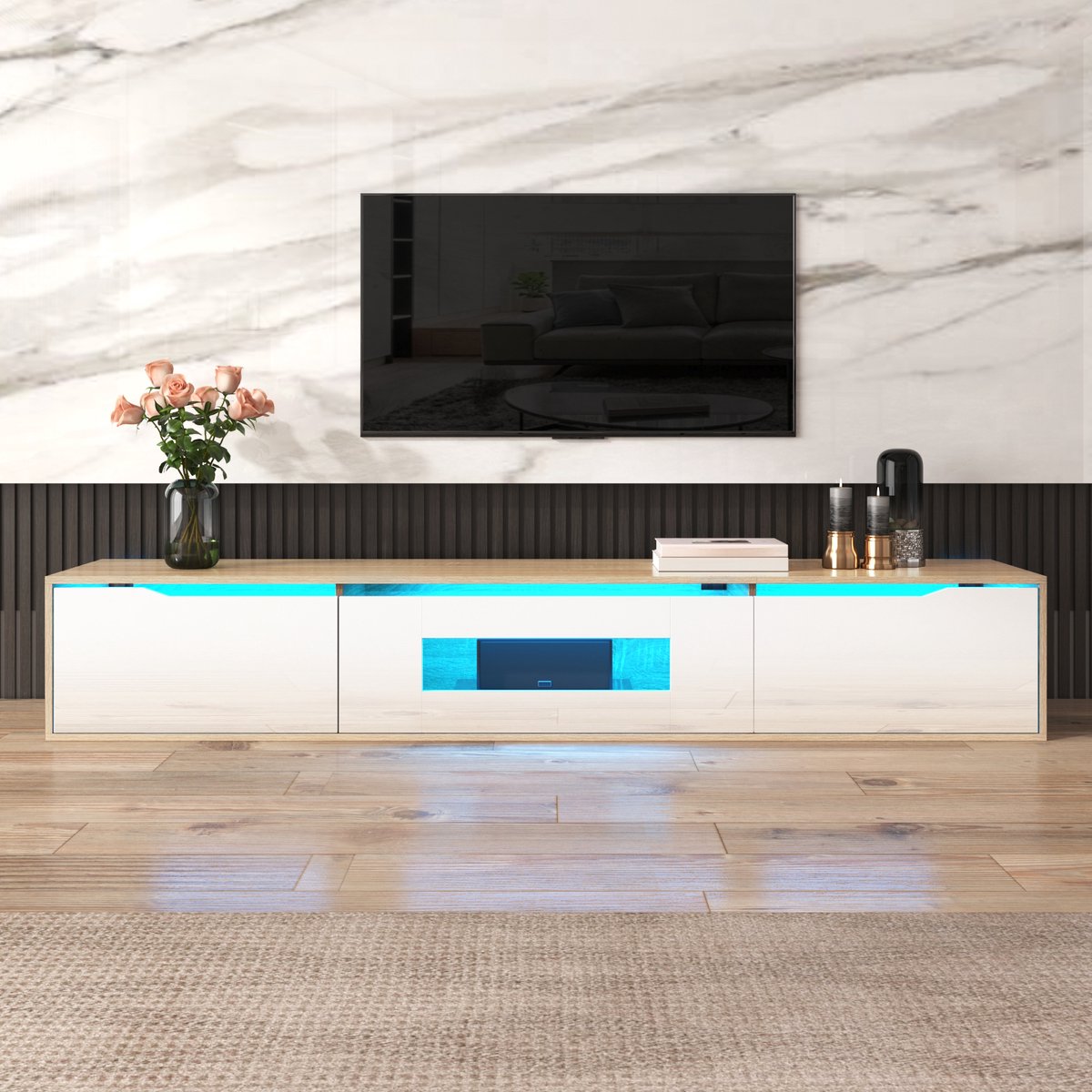 tv meubel - voor woonkamer en multimedia - 180x30x35 cm - hoogglans wit en houtlook - 16 kleuren LED-verlichting met app - uniek deurdesign met groeven - geschikt voor wandmontage