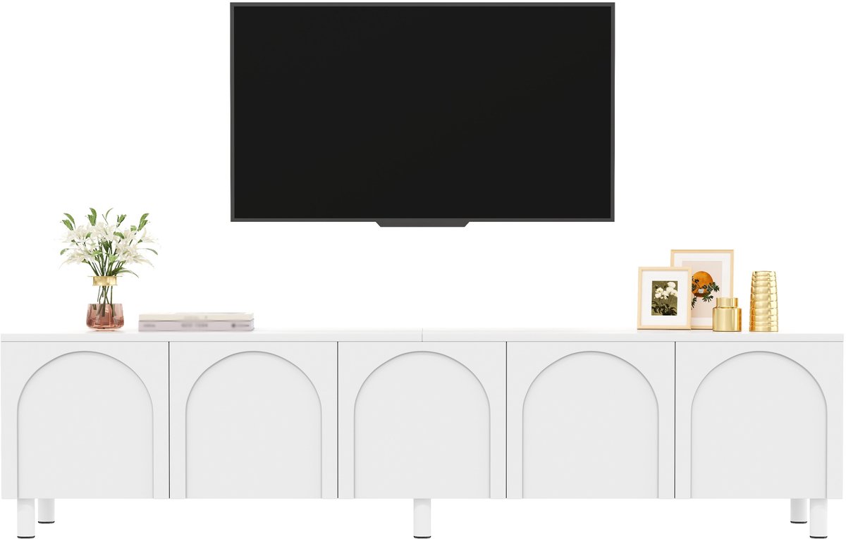 Zubaliya tv meubel Wit 180 cm - 5 deuren met elegant boogdesign - Geïntegreerd kabelmanagement - Stabiele metalen poten - Draagvermogen 50 kg