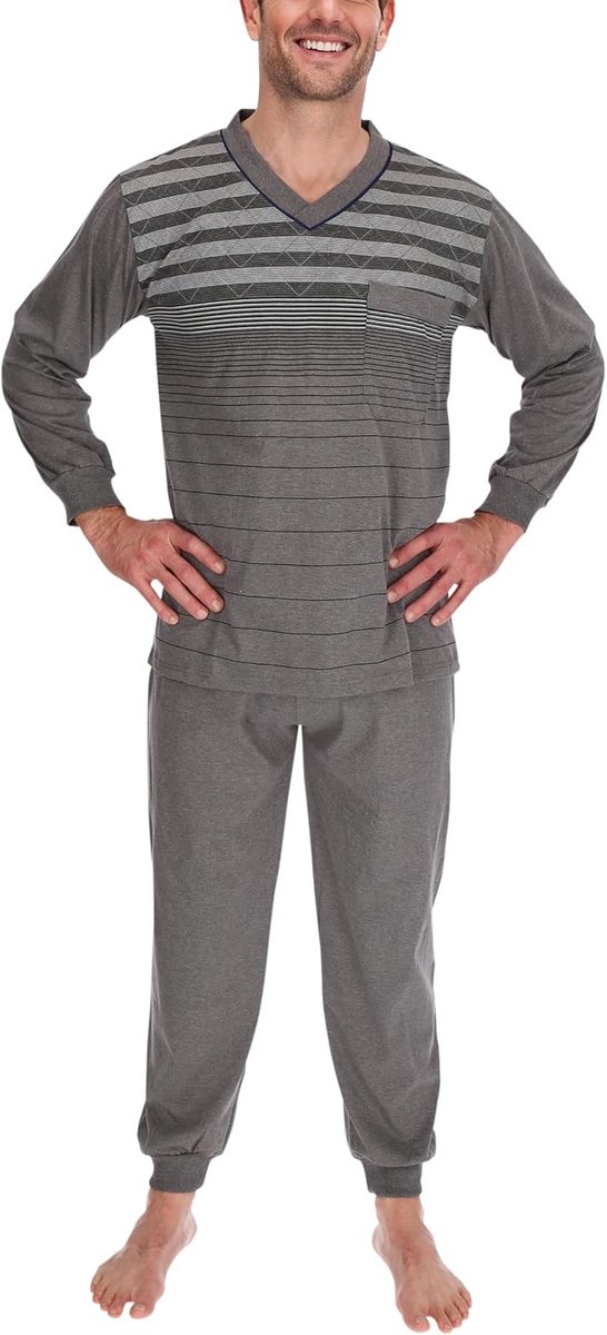 Pyjama voor heren, lang katoenen shirt en broek, pyjama, slaapkleding, nachtkleding, nachtkleding, maat: L, kleur: grijs, Pyjama-lang-grijs, L