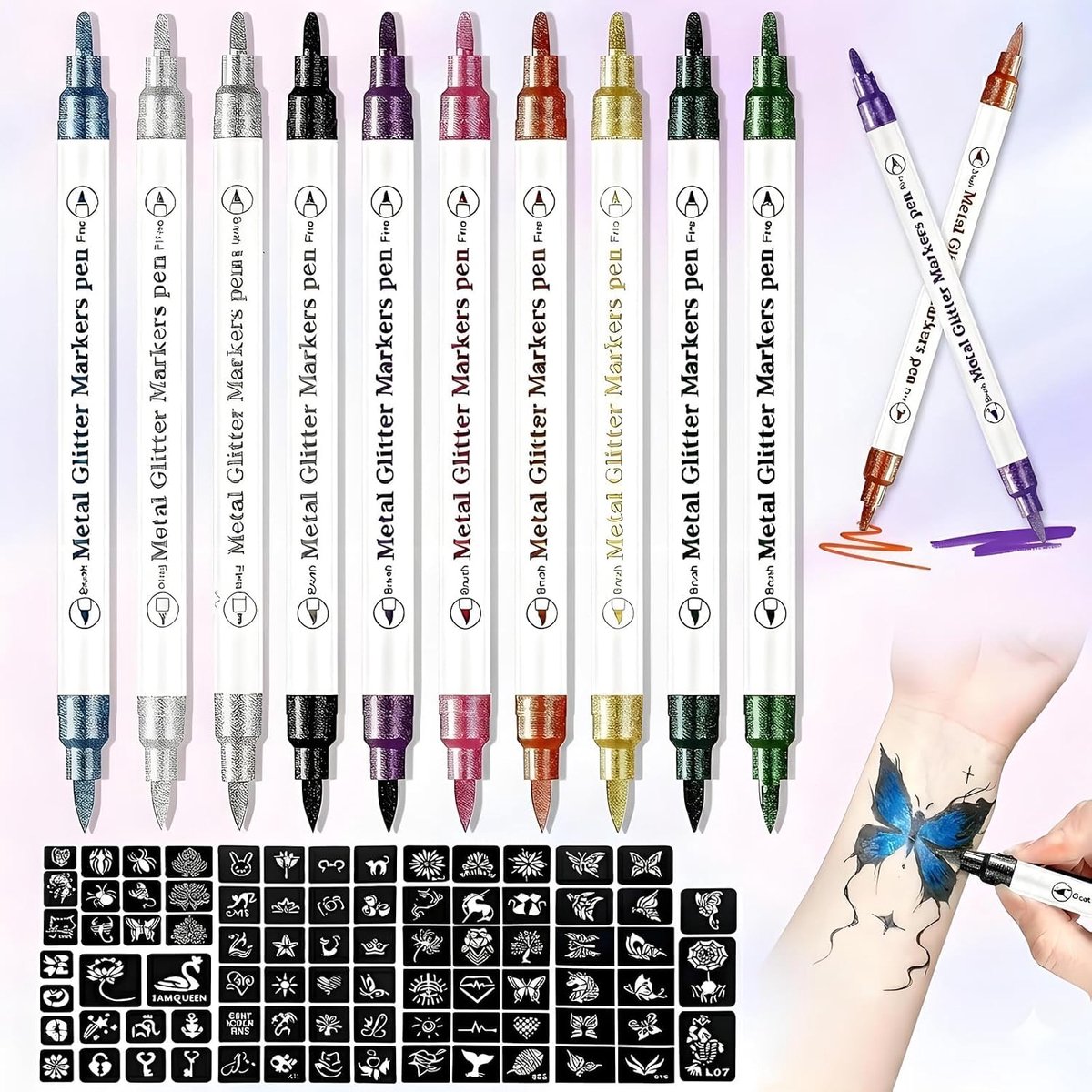 Tijdelijke tattoo-stiftset, 10 huidvriendelijke bodymarkers en 5 grote herbruikbare sjablonen in cosmetica-kwaliteit, perfect voor feestjes, gezichtsschilderen en bodyart