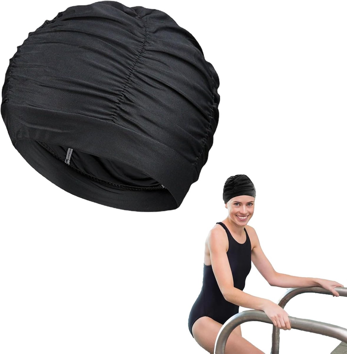 Badmuts voor lang haar, elastische badmuts van nylon, badmuts voor lang haar (zwart)