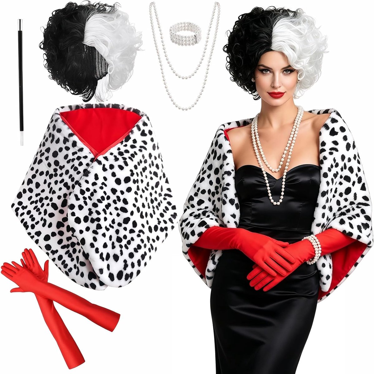 Dalmatiërs dameskostuum 7 stuks jaren 20 cosplay kostuum zwart-wit heksenkostuums pruik cape halsketting rode handschoenen voor Halloween, carnaval, themafeest