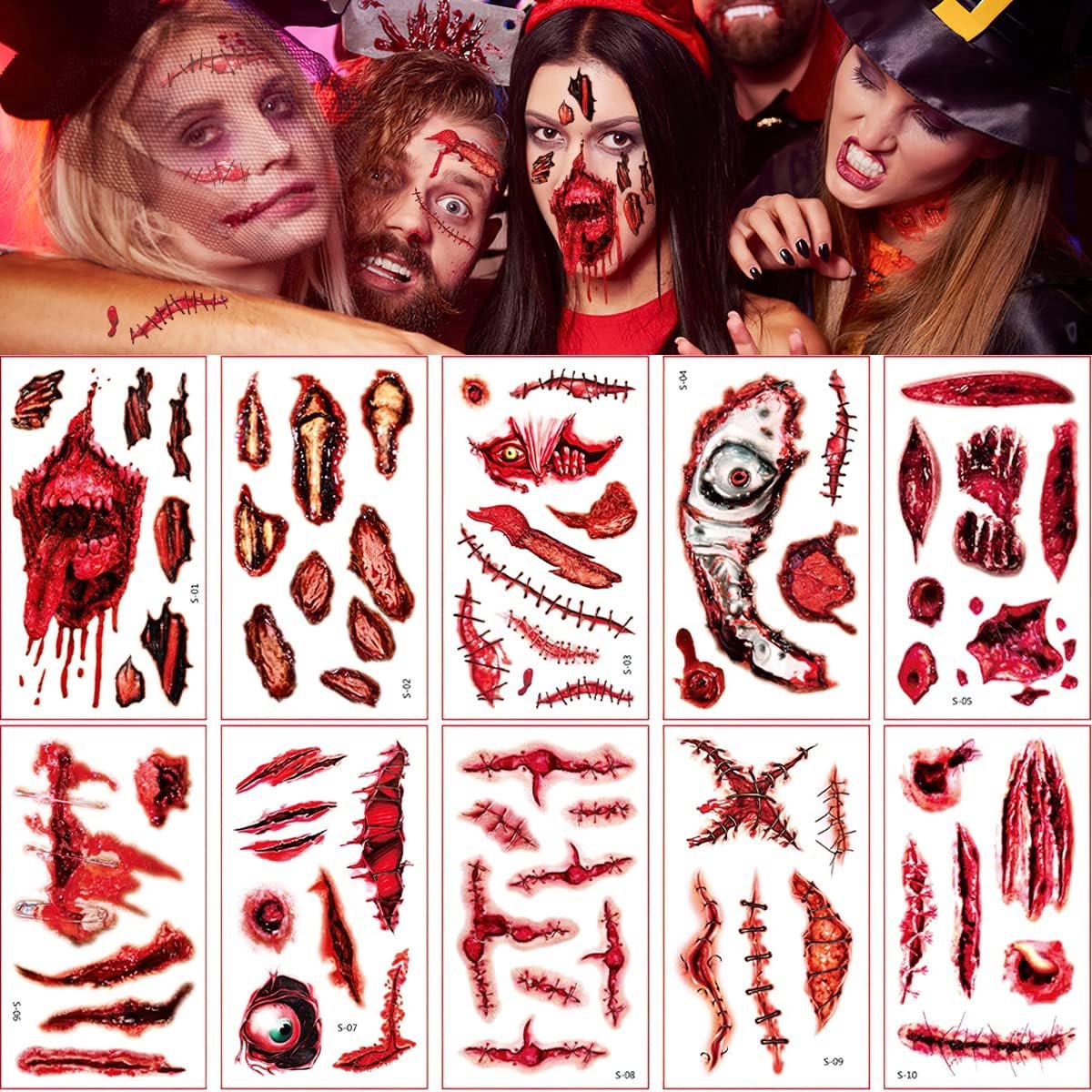 Tattoo Wounds, FainFun 10 Stuks Wounds Tattoo Stickers Realistisch, Zombie Tattoo Stickers Bloed, Littekens Tattoo Halloween Eng voor Halloween Make Up Props