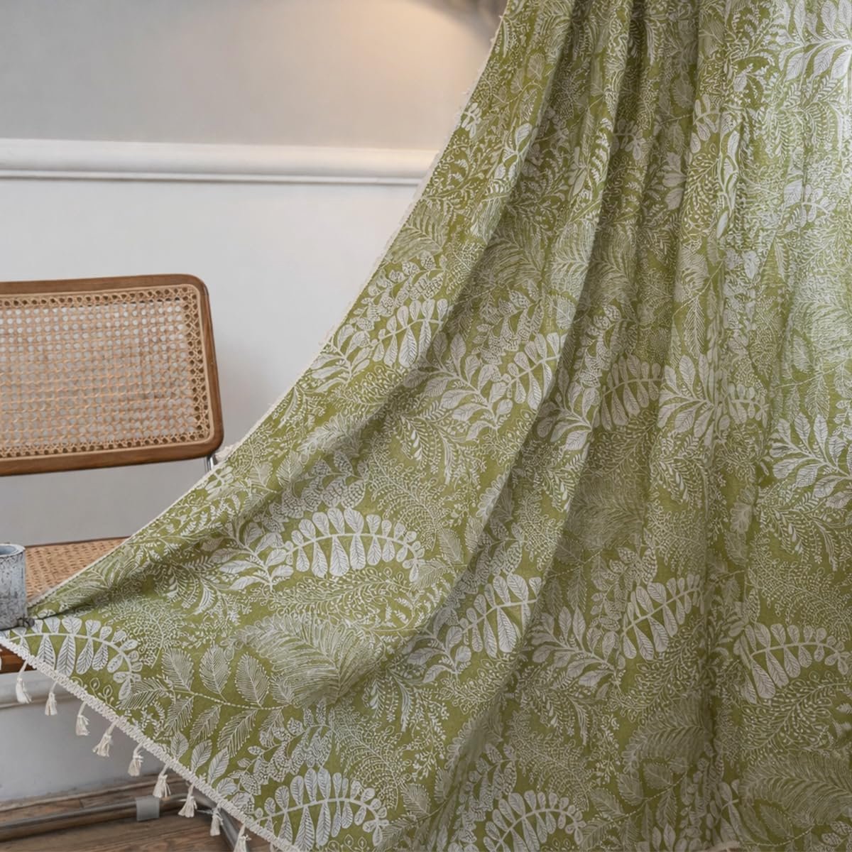 bladeren gordijn landhuis ondoorzichtig vintage gordijnen planten linnenlook jacquard katoen gordijnen met kwastje stang pocket voor woonkamer slaapkamer 1 stuk b 150 × h 200 cm
