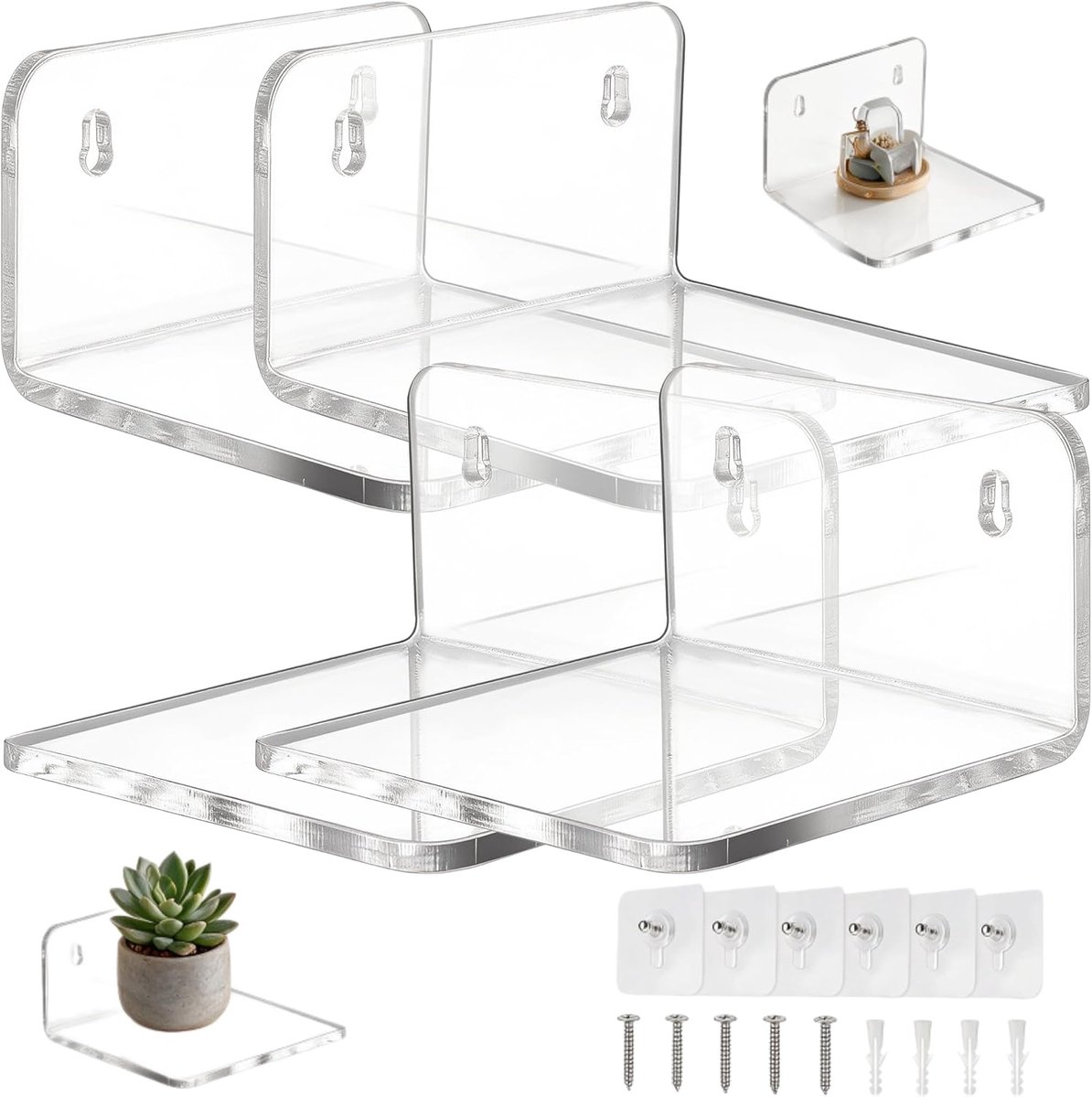 Zwevende wandplanken, acryl, L-vorm, 10 x 8,8 cm, zelfklevend, zonder boren, transparant dik acryl wandplank, dubbele montagemogelijkheid, ruimtebesparend, voor cosmetica en kleine