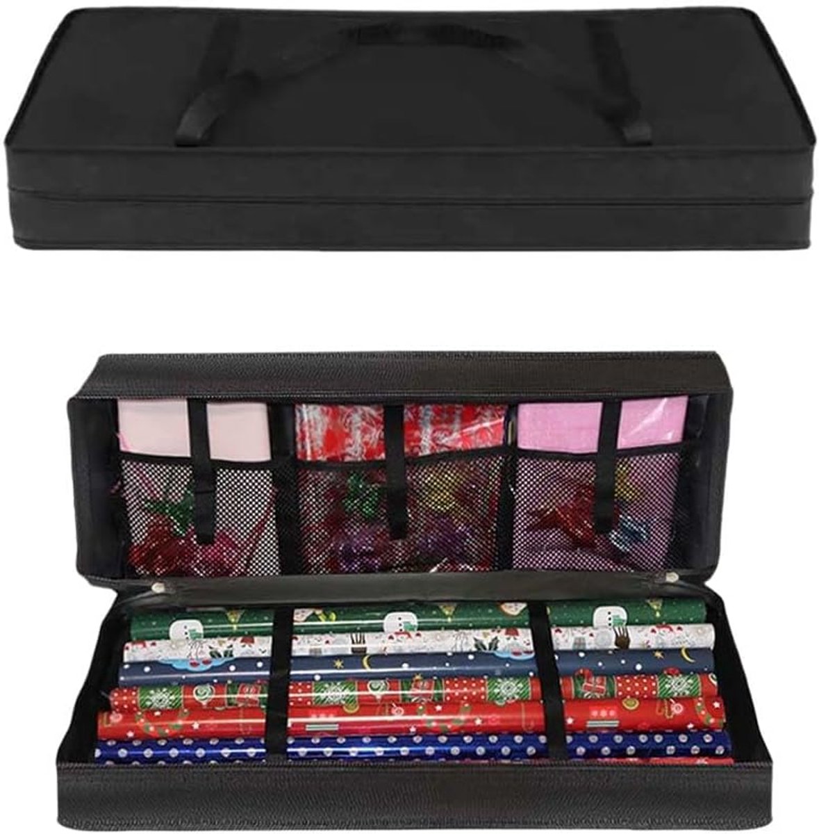 Cadeaupapier opslag, geweven 600D Oxford-materiaal, cadeaupapierrollen, organizer, met 3 vakken netvakken, kerstpapier, cadeaupapierrollen, organizer, 82 x 34 x 13 cm, zwart