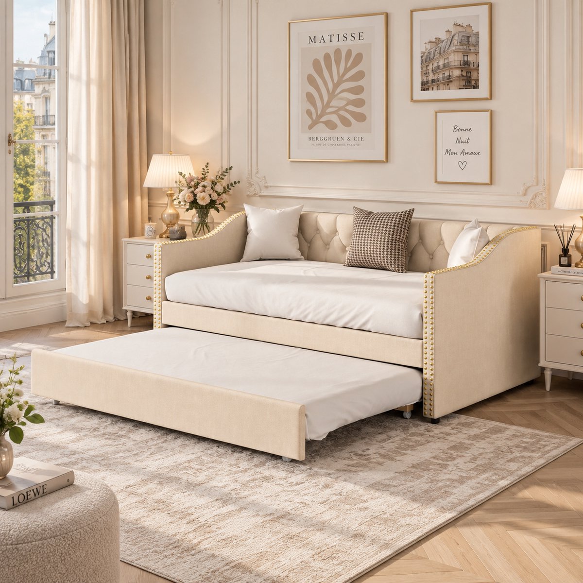 MEXUS Gestoffeerd bed 90x200 cm, 2-in-1 Eenpersoonsbed met uitschuifbaar bed, voor kleine appartementen, met houten lattenbodem, Linnen Beige
