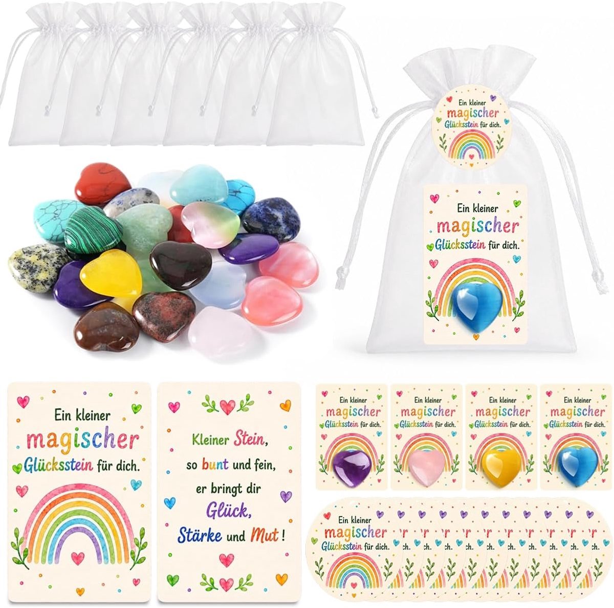 12 stuks geluksstenen, moedsteen, eerste schooldag, set geluksstenen, helende stenen, hart, kleurrijke stenen, voor eerste schooldag, gastgeschenk, feestcadeau, afscheidscadeau, gastgeschenk