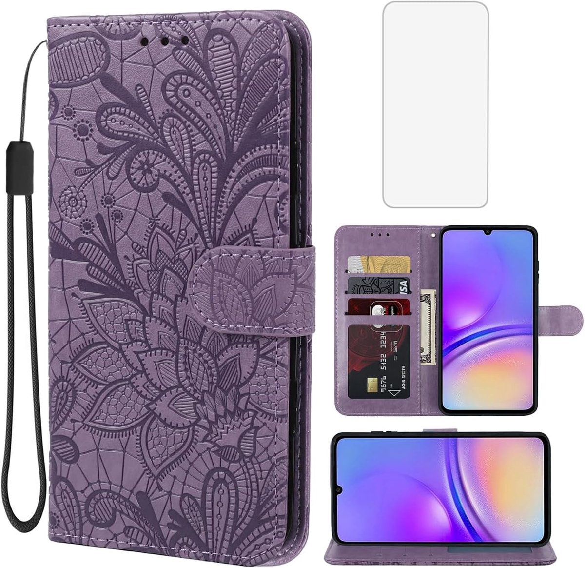 Hoesje voor Galaxy A04e Cases/Samsung Galaxy A04e SM-A042F Portemonneehoesje met schermbeschermer van gehard glas, PU-lederen flip creditcardhouder met kanten bloem, paars
